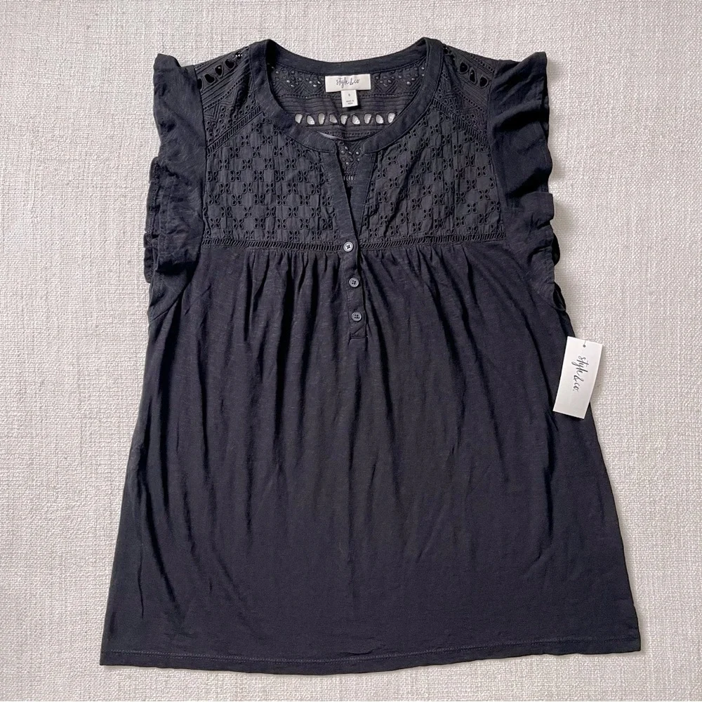 Style & Co. Eyelet Flutter Sleeve Black Top - Picture 3 of 6